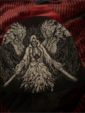 Zumiez semetary Black Beanie with White Grim Reaper Angel Graphic